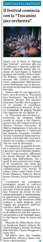 05 07 2025 Toscanini Jazz Orchestra apre l'undicesima edizione del Battiati Jazz Festival diretto dal Maestro Antonio Petralia