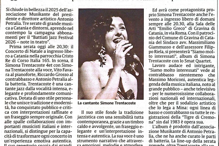 Il Concerto di Natale del Trentacoste 4et chiude il 2025 di Musikante Si chiude in bellezza il 2025 dell’Associazione Culturale Musikante,