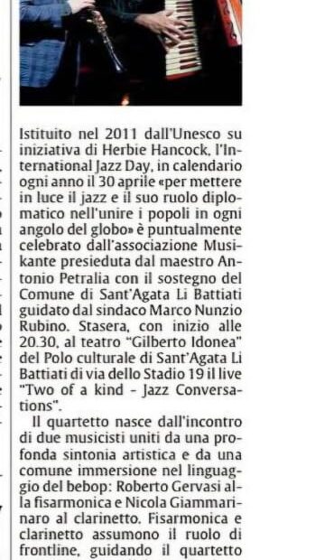 “Two of a Kind – Jazz Conversations”: il dialogo creativo tra Roberto Gervasi e Nicola Giammarinaro per l’International Jazz Day 2026