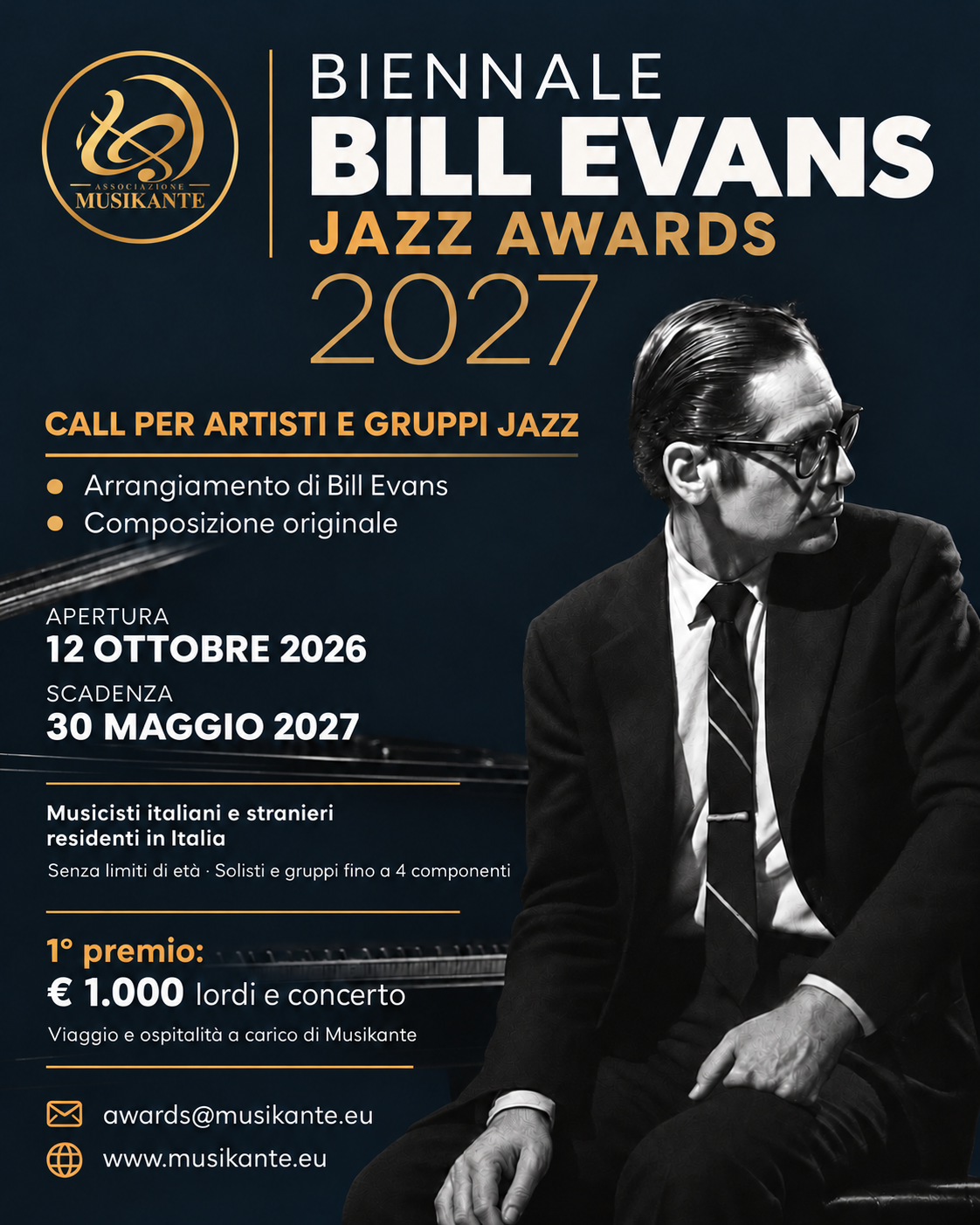 BEJA 2027: Bill Evans al pianoforte e logo oro dell’Associazione Musikante