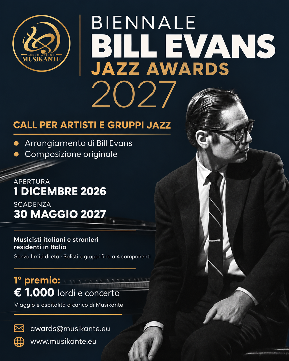 BEJA 2027: Bill Evans al pianoforte e logo oro dell’Associazione Musikante