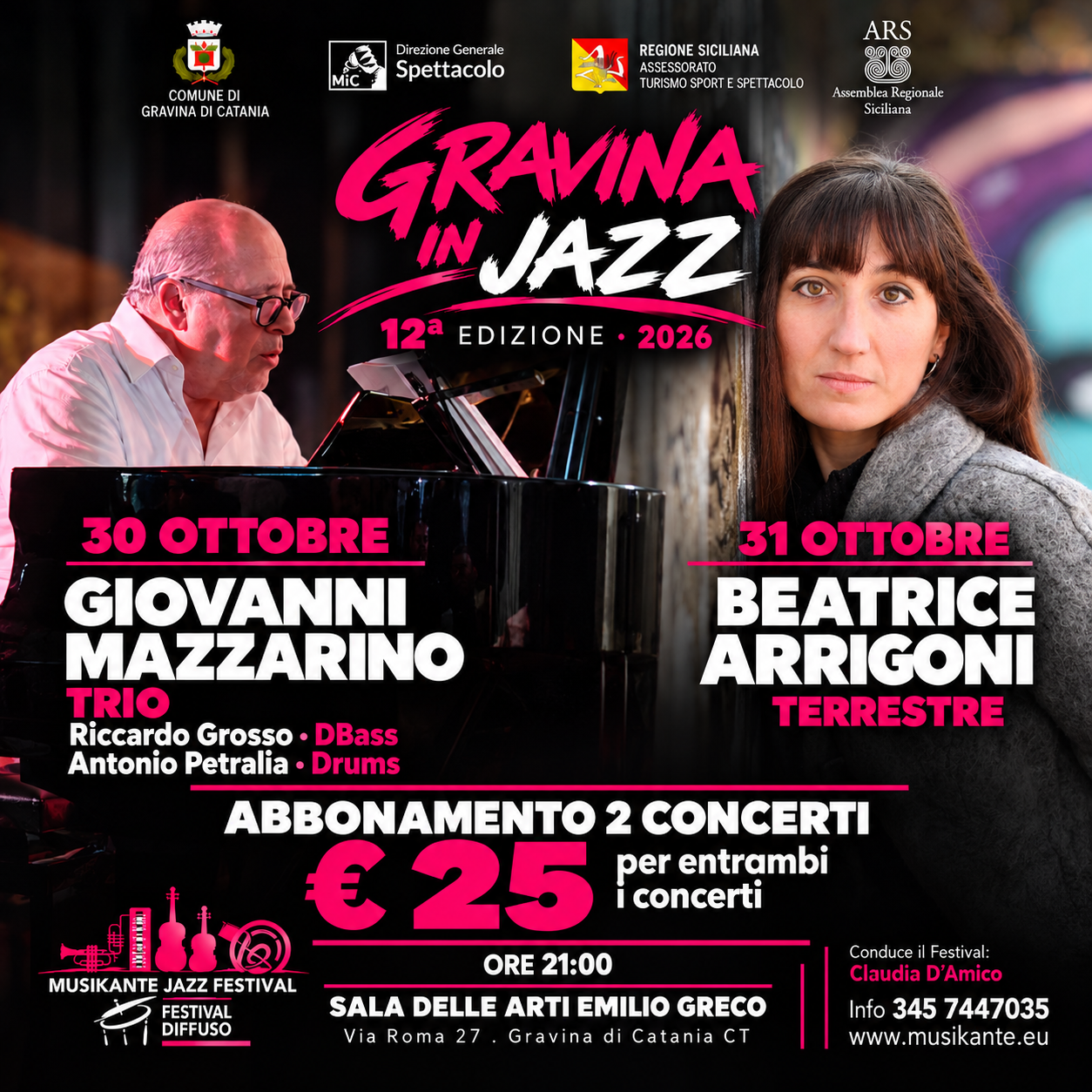 Abbonamento Gravina in Jazz: Giovanni Mazzarino Trio e Beatrice Arrigoni, 30 e 31 ottobre 2026, due concerti a €25
