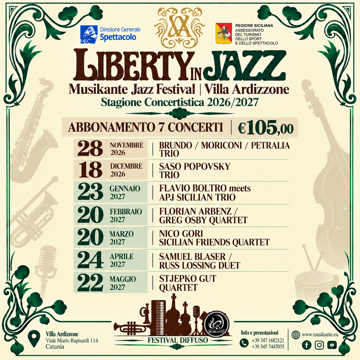 Liberty in Jazz: abbonamento 7 concerti, 105 euro, Villa Ardizzone