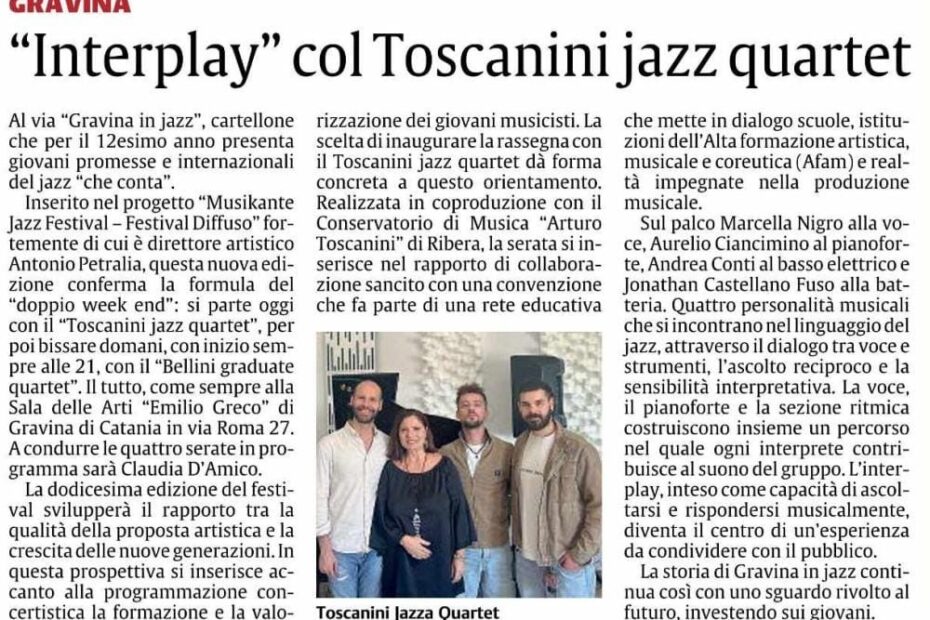 Ritaglio stampa: “Interplay” col Toscanini jazz quartet, Gravina in Jazz