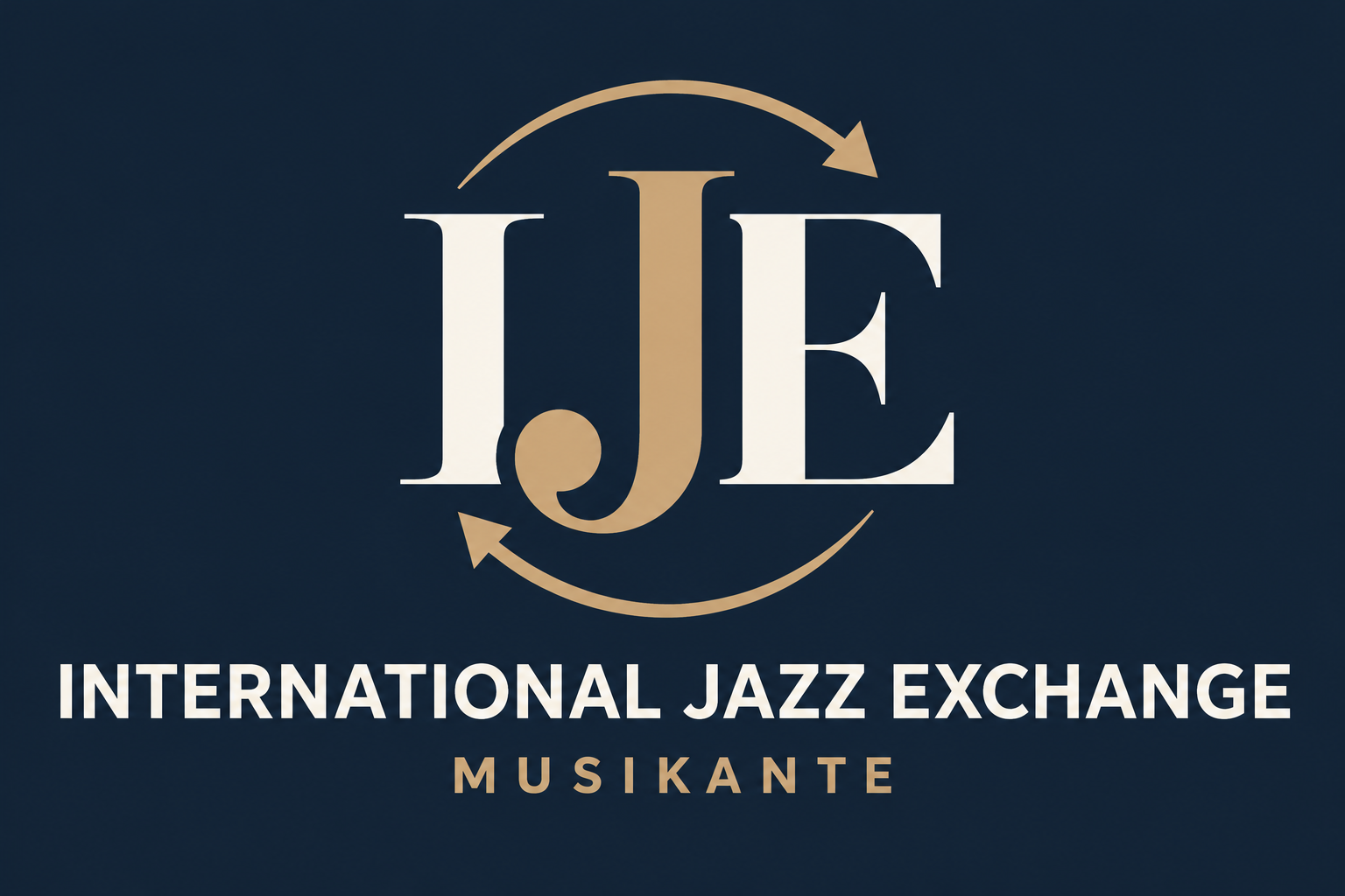 Logo IJE — Musikante International Jazz Exchange, con due frecce oro per lo scambio reciproco
